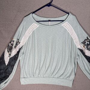 Free People Size M Casual Clash Top‎ Thermal Knit Mutli Media Lace Seafoam Mint